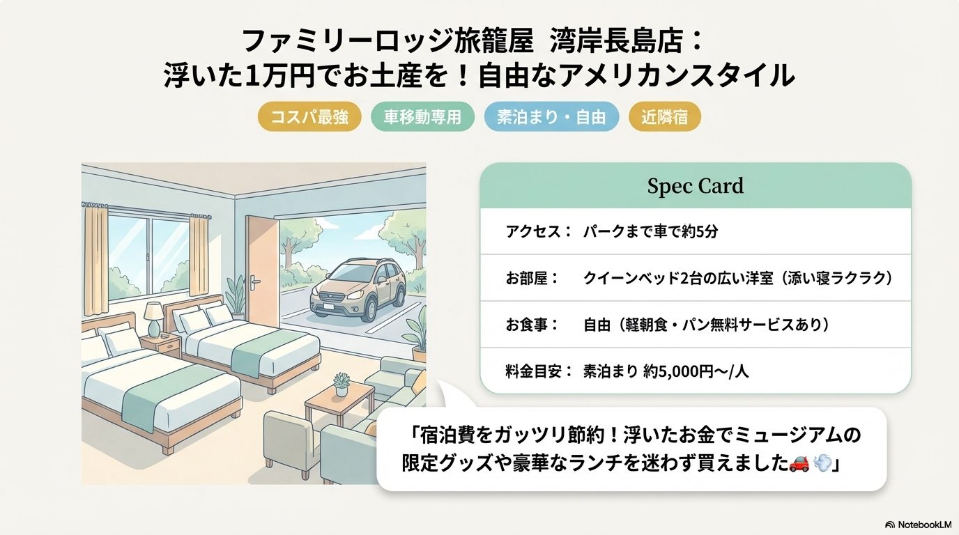 ファミリーロッジ旅籠屋・湾岸長島店の詳細（アクセス・部屋の種類・食事・1泊料金目安）、子連れに嬉しいポイントまとめた図解