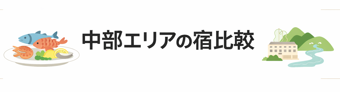 夕食バイキングが美味しい静岡の宿で中部エリアに絞って3軒の宿を比較紹介するパートがわかる図