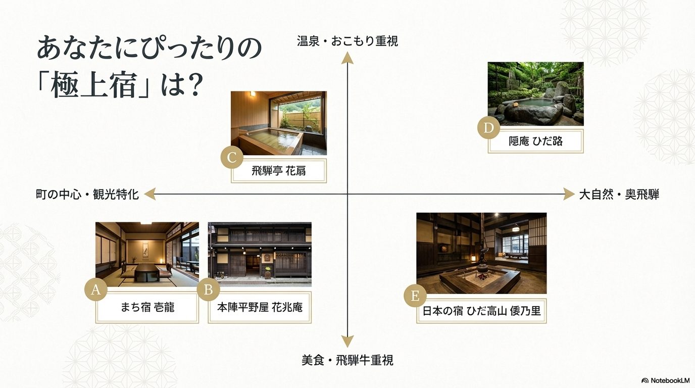 あなたにぴったりの飛騨高山で一度は泊まりたい宿がわかる目的別マトリックス図