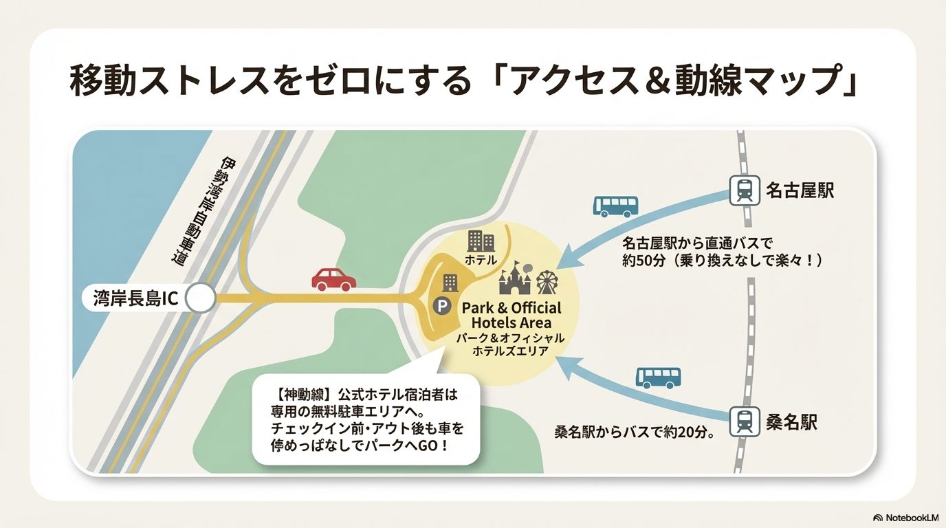 名古屋駅〜アンパンマンミュージアム、桑名駅〜アンパンマンミュージアム、湾岸長島IC〜アンパンマンミュージアムの簡単アクセスマップ