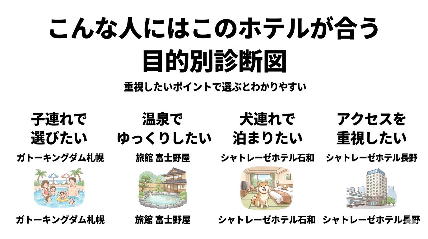 子連れ・温泉・犬連れ・アクセス重視で選ぶシャトレーゼホテルの目的別診断図