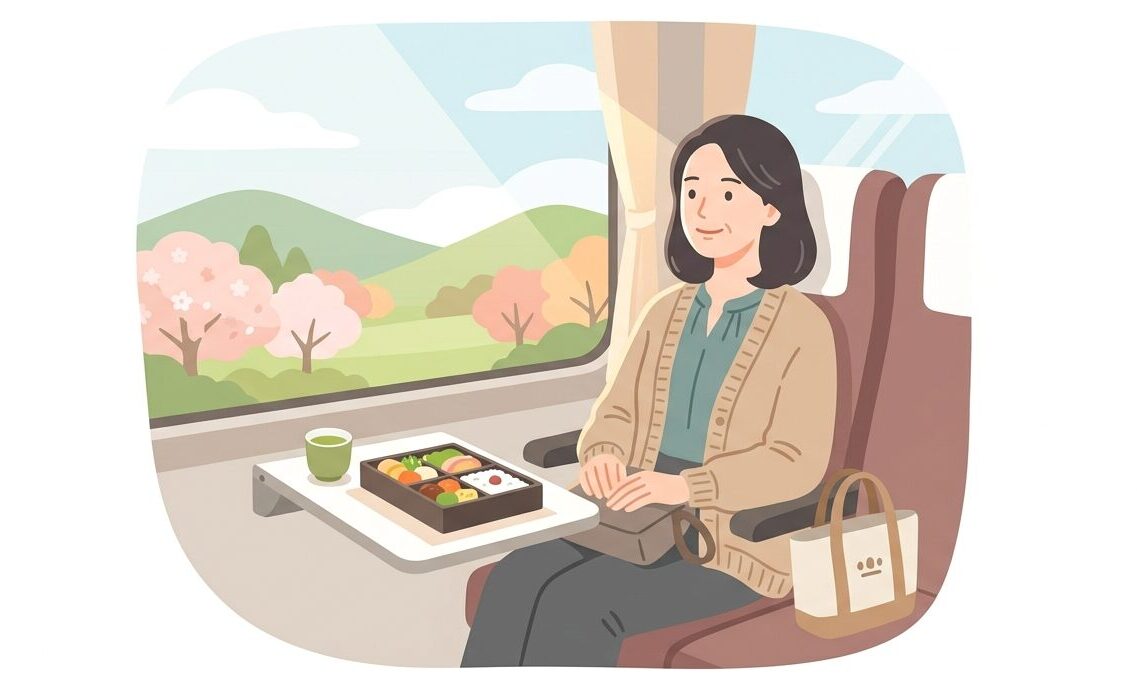50代女性が一人で日帰りバスツアーを気軽に楽しむイメージイラスト