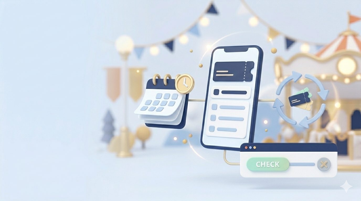 ディズニーチケットの日付変更の当日対応や回数・期限確認をイメージした図解風画像