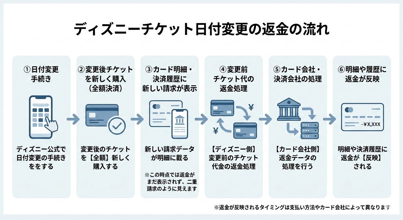 ディズニーチケット日付変更で差額返金までに時間がかかる理由の図解