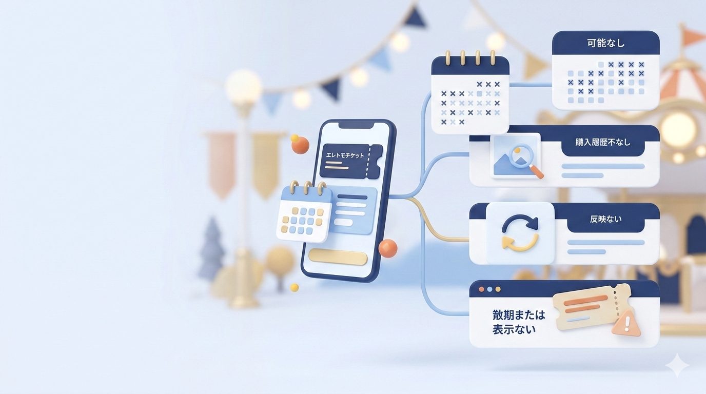 ディズニーチケットの日付変更ができない原因をイメージしたスマホとチケットの図解風画像