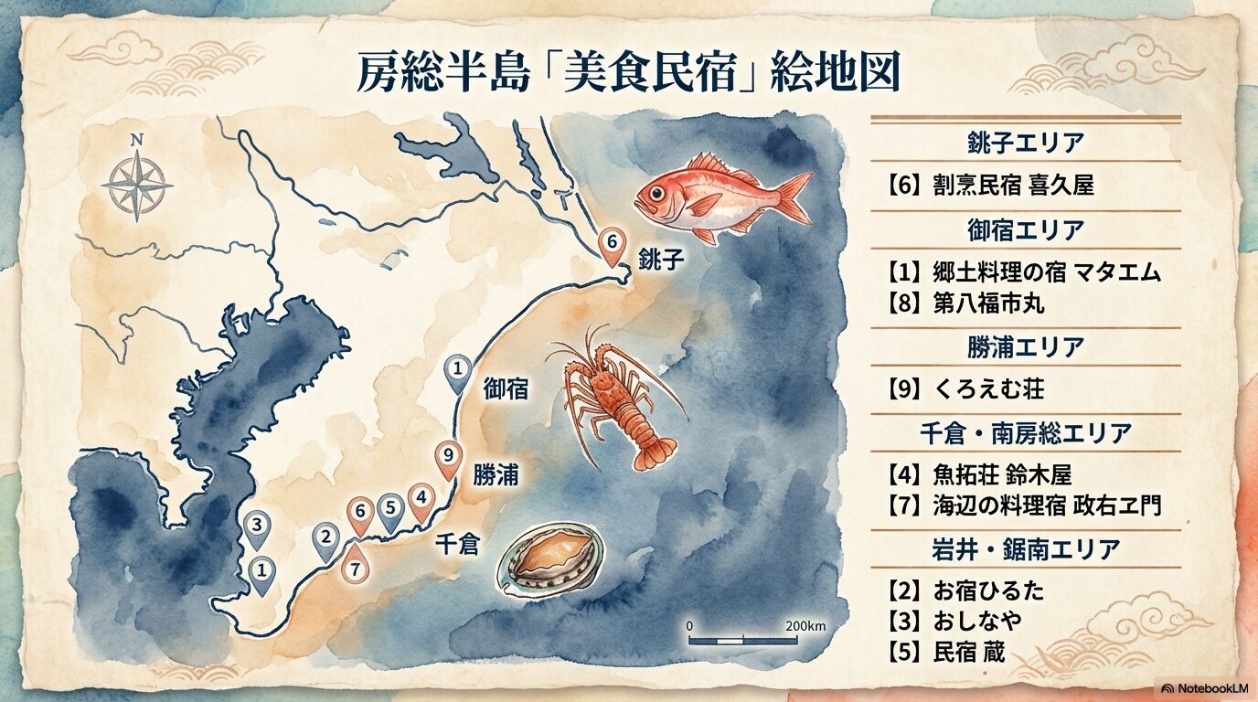 テレビやメディアで紹介された千葉の料理が豪華すぎるで話題の民宿の詳細情報と特徴を解説するパートの図