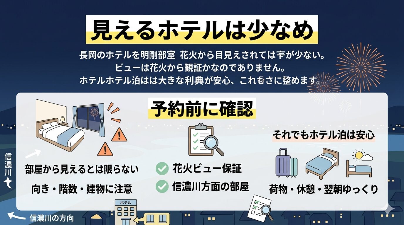 長岡花火大会が見えるホテルは少ない理由とホテル泊のメリットを整理した図解