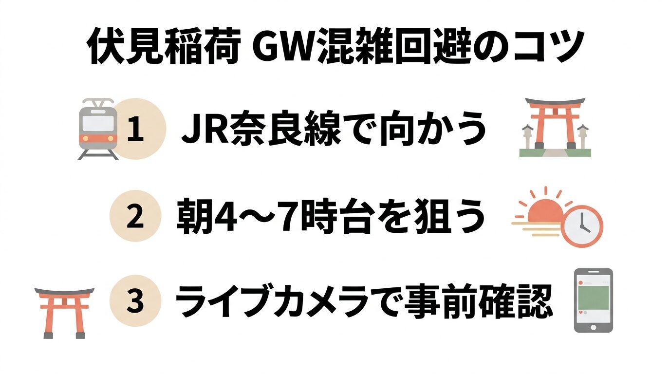 GW期間中の伏見稲荷大社で混雑を回避する方法をまとめた図解。JR奈良線の利用、朝4〜7時台の参拝、ライブカメラでの事前確認を整理している。