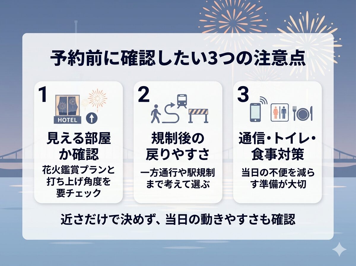 隅田川花火大会が見えるホテル選びで失敗しないための注意点をまとめた図解