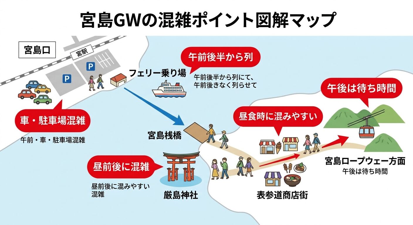 宮島口からフェリー、厳島神社、ロープウェーまでの混雑発生ポイント図