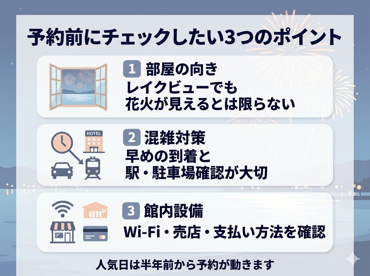 琵琶湖花火大会の穴場ホテル選びで確認したい3つのポイントの図解