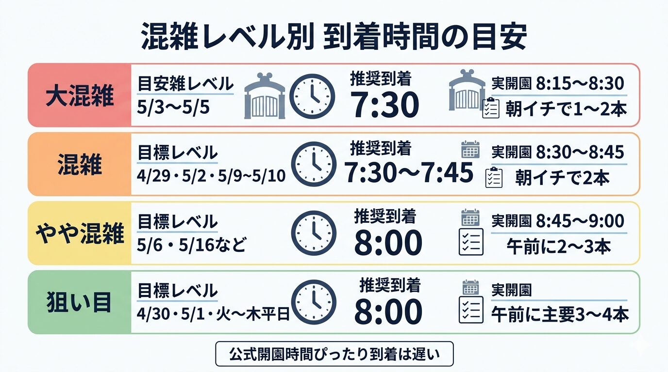 2026年5月中旬〜末のディズニー混雑レベル別に、推奨到着時間と実開園予想をまとめた図解