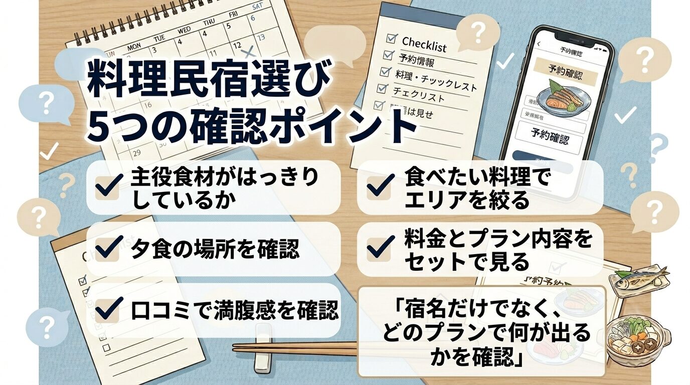 関西で食べきれない料理がすごい民宿を選ぶ前に確認したい主役食材・食事場所・料金・口コミなど5つの基準をまとめた図解