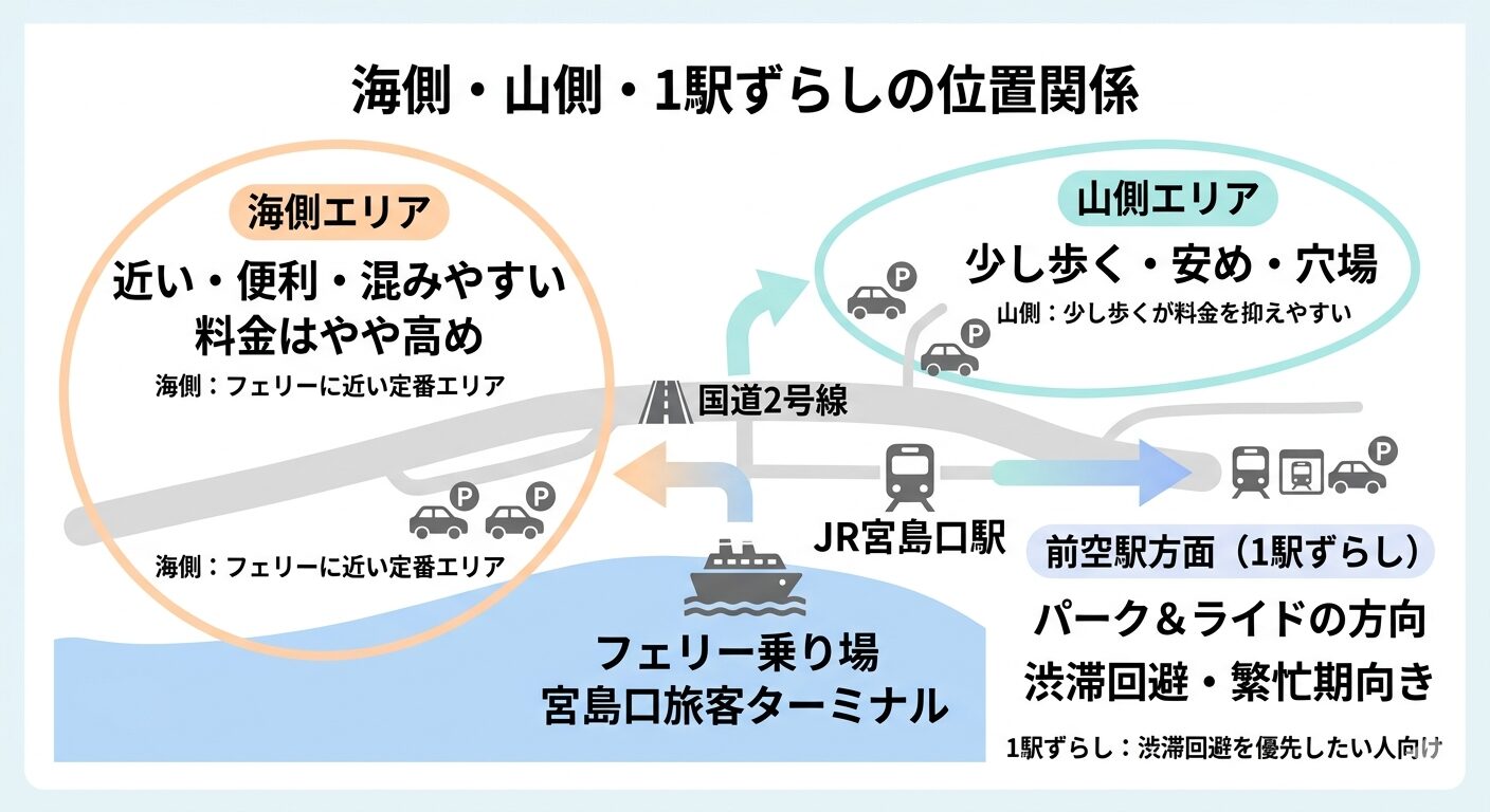 宮島口周辺の駐車場エリアを海側・山側・1駅ずらしで分けて示した位置関係図。フェリー乗り場、JR宮島口駅、国道2号線、前空駅方面の流れがわかる。