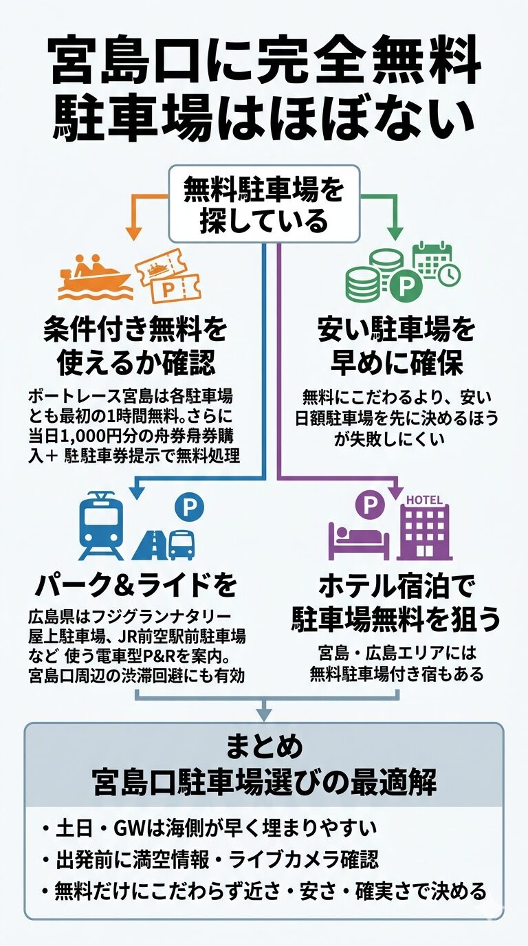 宮島口に無料の駐車場があるのか知りたい人に向けて結論を的確に伝える図解