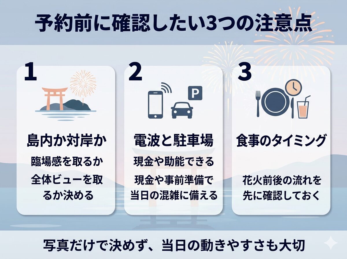 宮島花火が見えるホテルを予約する前に確認したい注意点をまとめた図解