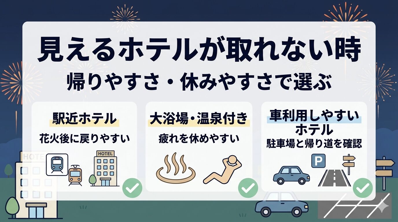 長岡花火が見えるホテルを予約できなかった時の駅近・温泉・車利用ホテルの選び方を示す図解