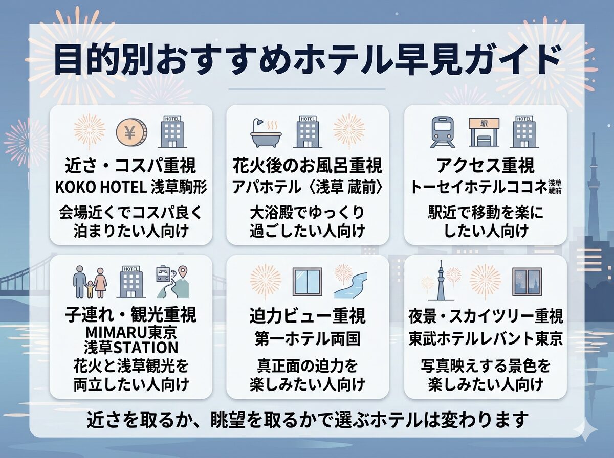 隅田川花火大会が見えるホテルの選び方を目的別に整理した図解