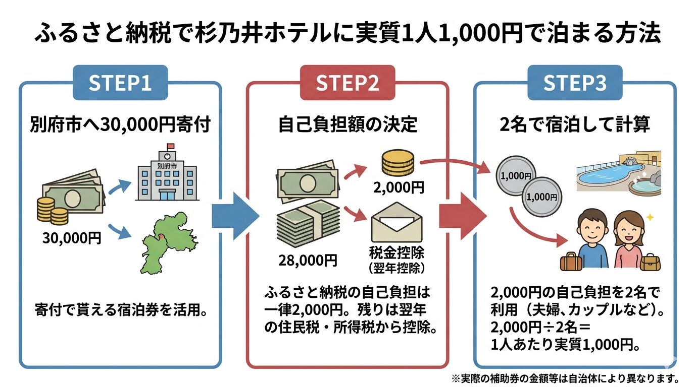 ふるさと納税で杉乃井ホテルに実質1人1,000円で泊まる仕組みの図解