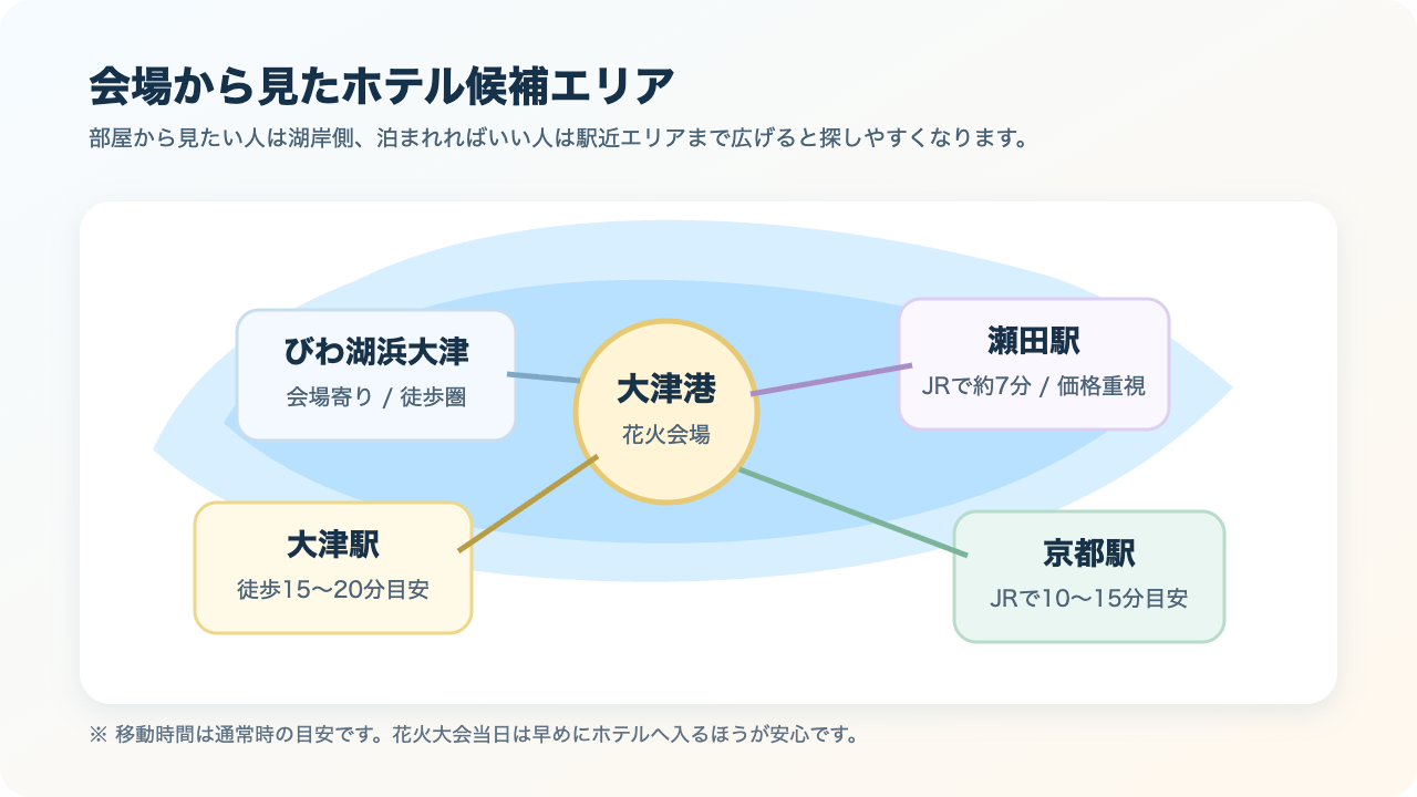 びわ湖花火大会の会場から見たホテル候補エリア図