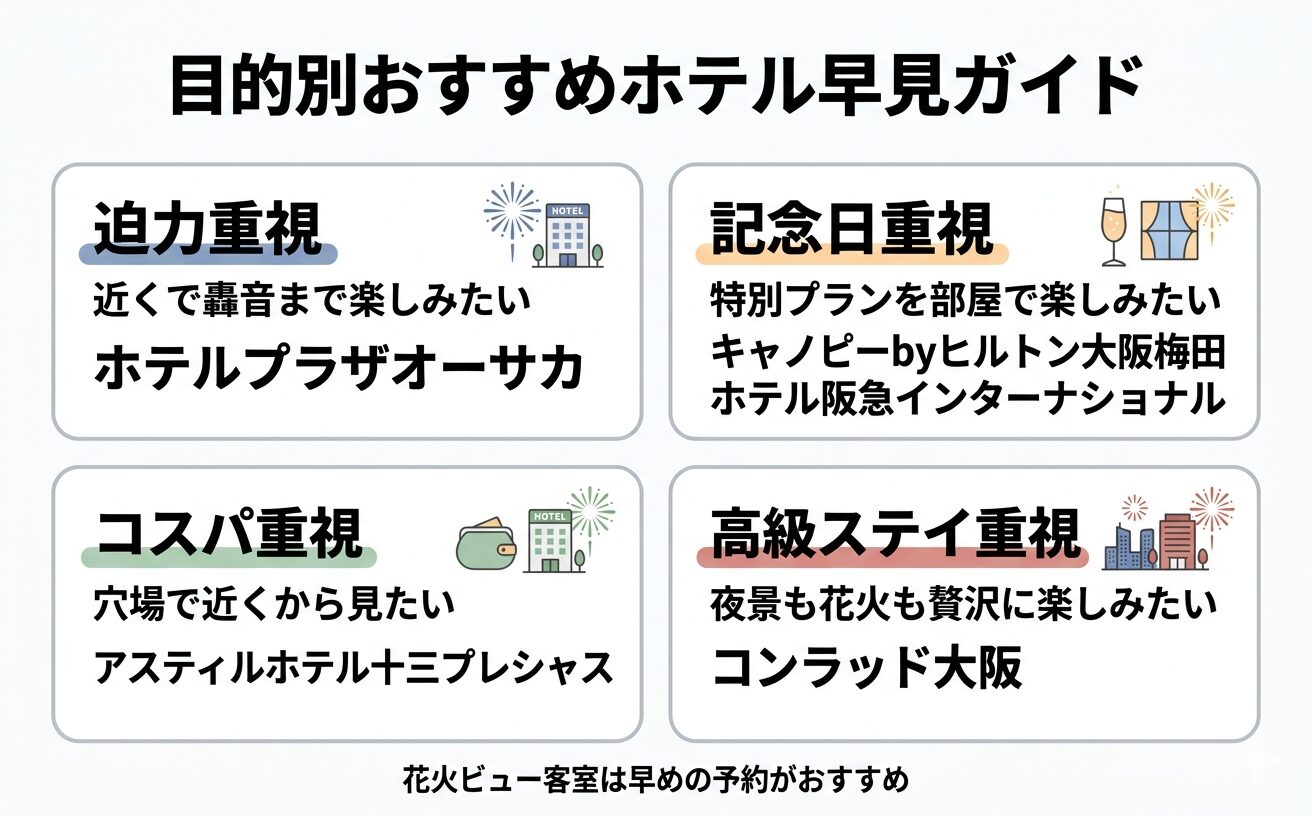 淀川花火が見えるホテルの選び方や目的別に解説している図解