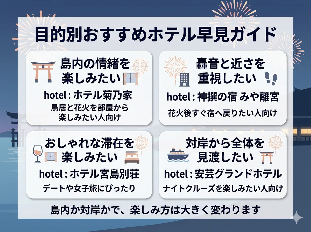 宮島花火が見えるホテルの選び方を目的別に整理した図解