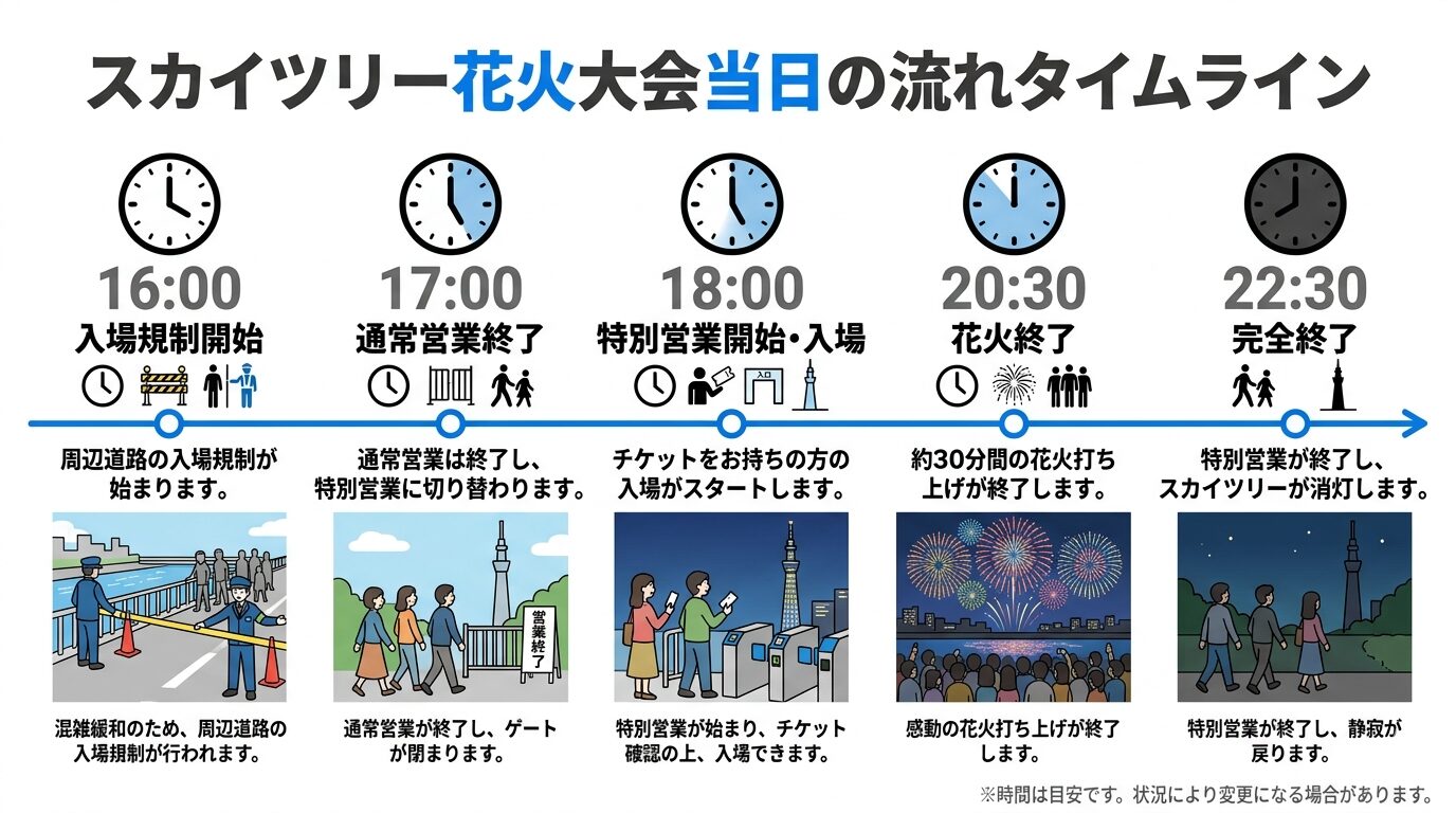 隅田川花火大会当日のスカイツリー特別営業の流れと時間のタイムライン図