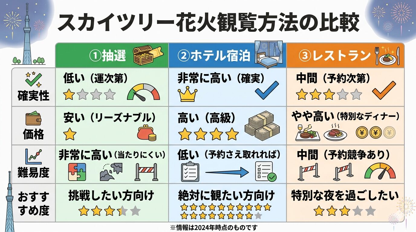 スカイツリー花火観覧の抽選・ホテル・レストランの違いを比較した図
