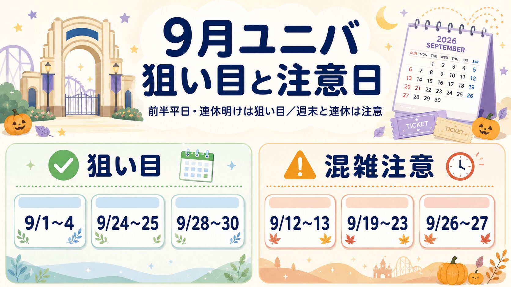 2026年9月ユニバ混雑予想の結論｜狙い目の日と混雑注意日がわかる図解