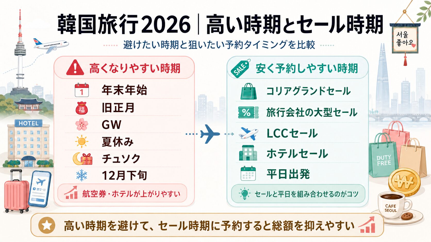 韓国旅行が安い時期2026年版｜年末年始・GW・夏休みなど高い時期とコリアグランドセール・LCCセールなどセール時期を比較した図解
