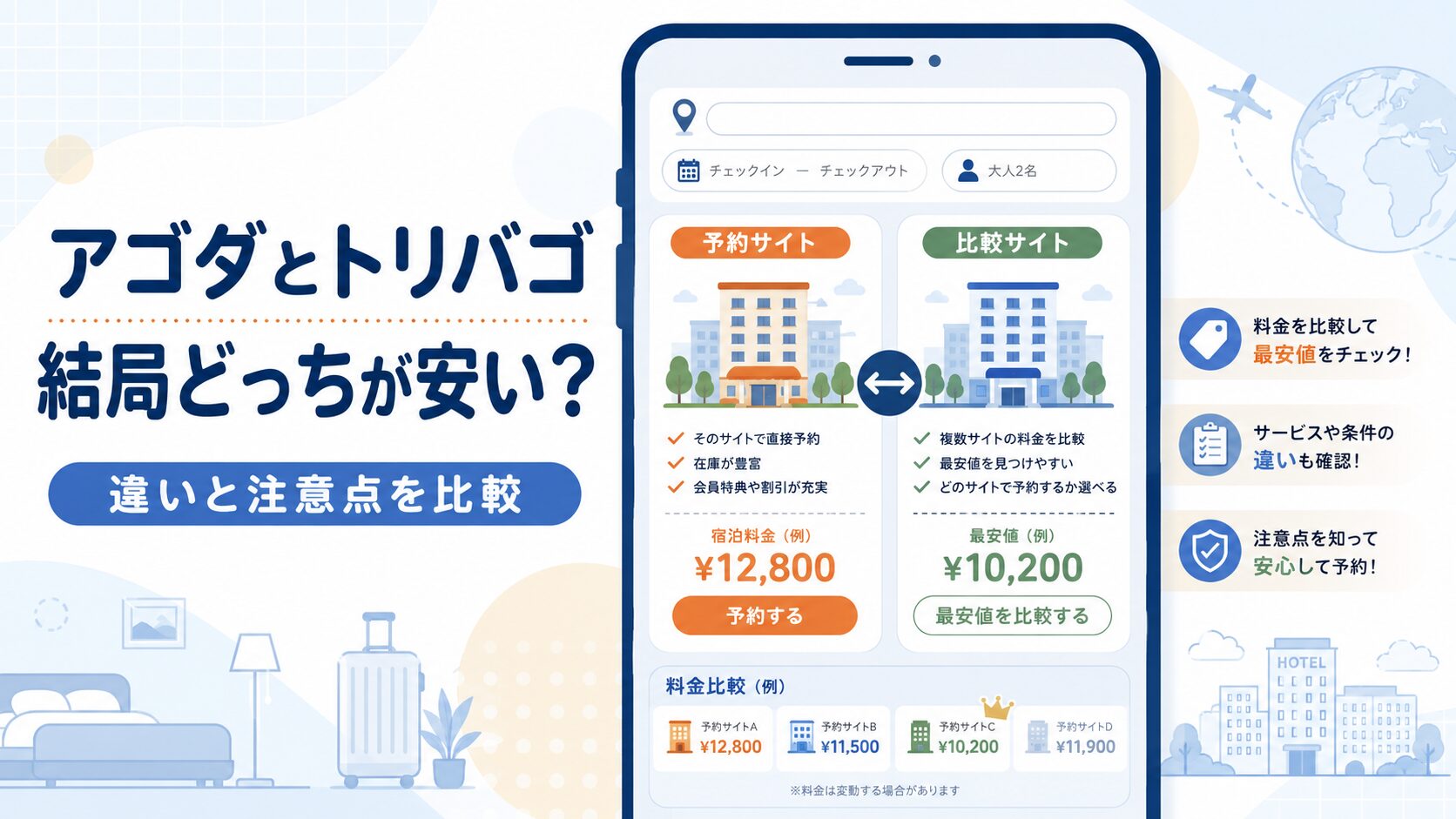アゴダとトリバゴはどっちが安いのか料金比較と注意点を解説するアイキャッチ画像
