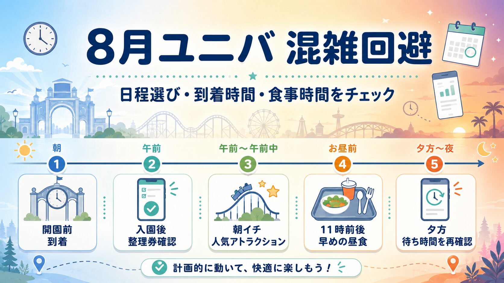 ユニバ2026年8月の混雑回避方法｜日程選び・到着時間・食事時間がわかるアイキャッチ
