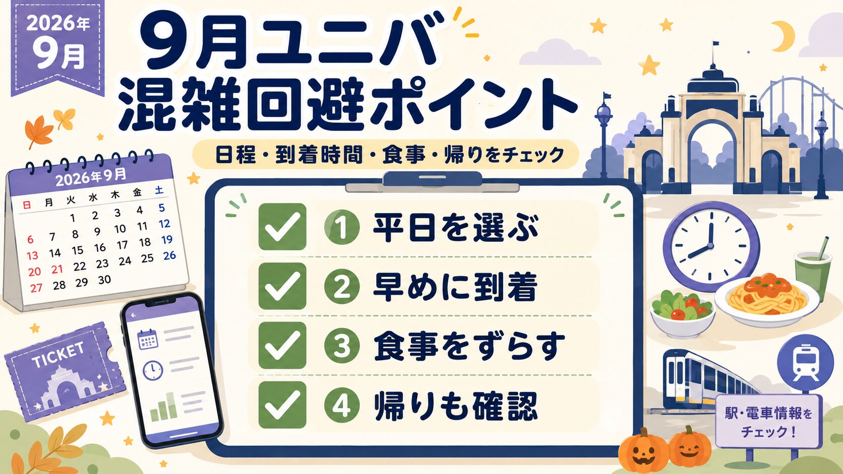 2026年9月ユニバの混雑回避ポイント｜日程・到着時間・食事・帰りを確認する図解