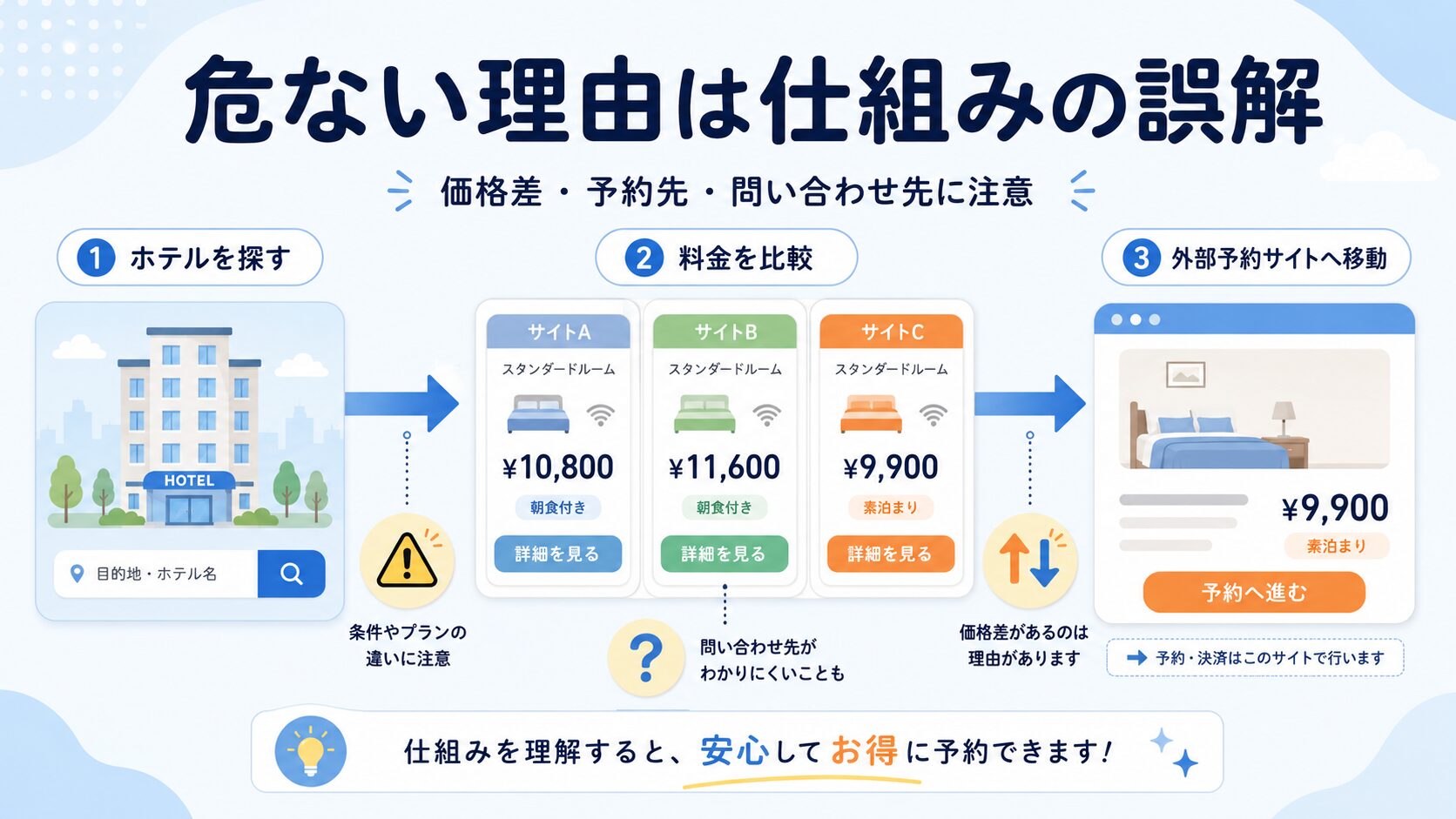 トリバゴが危ないと言われる理由を比較サイトの仕組みから説明する図解