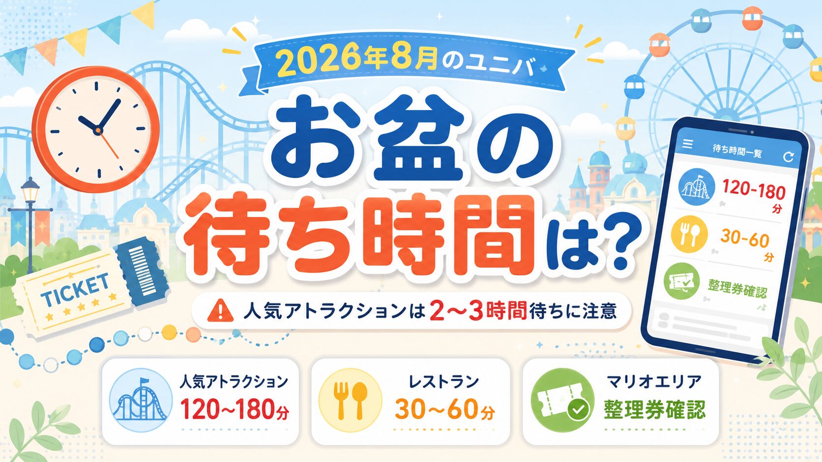 2026年8月のユニバのお盆待ち時間目安｜人気アトラクションの混み具合がわかるアイキャッチ