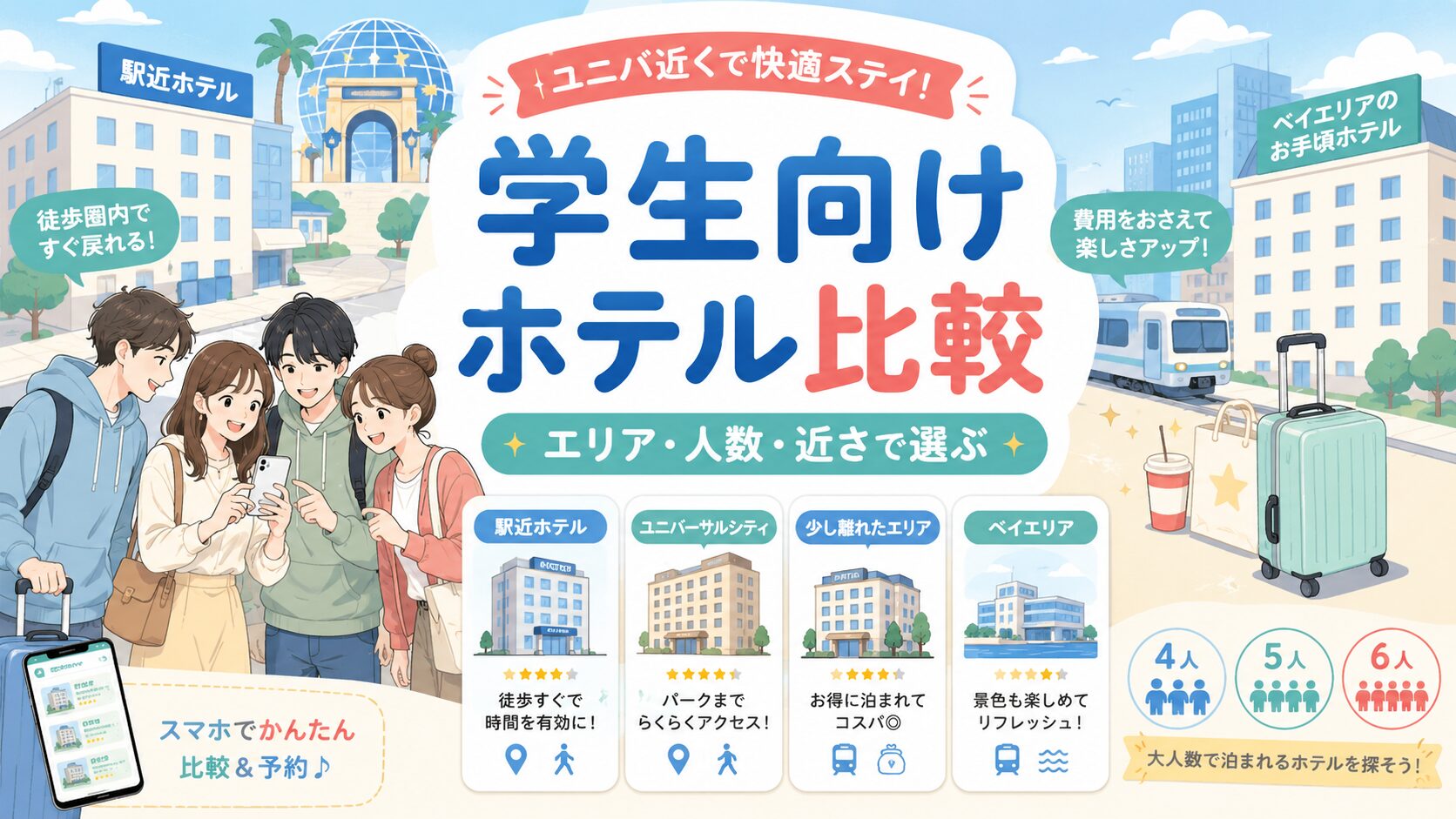 ユニバ近くの学生向けホテルを比較（エリア・最大宿泊人数）