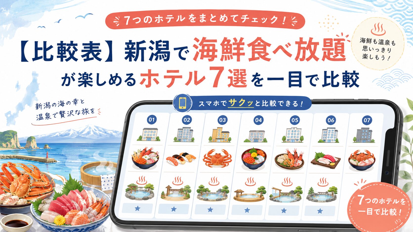 【比較表】新潟で海鮮食べ放題が楽しめるホテル7選を一目で比較