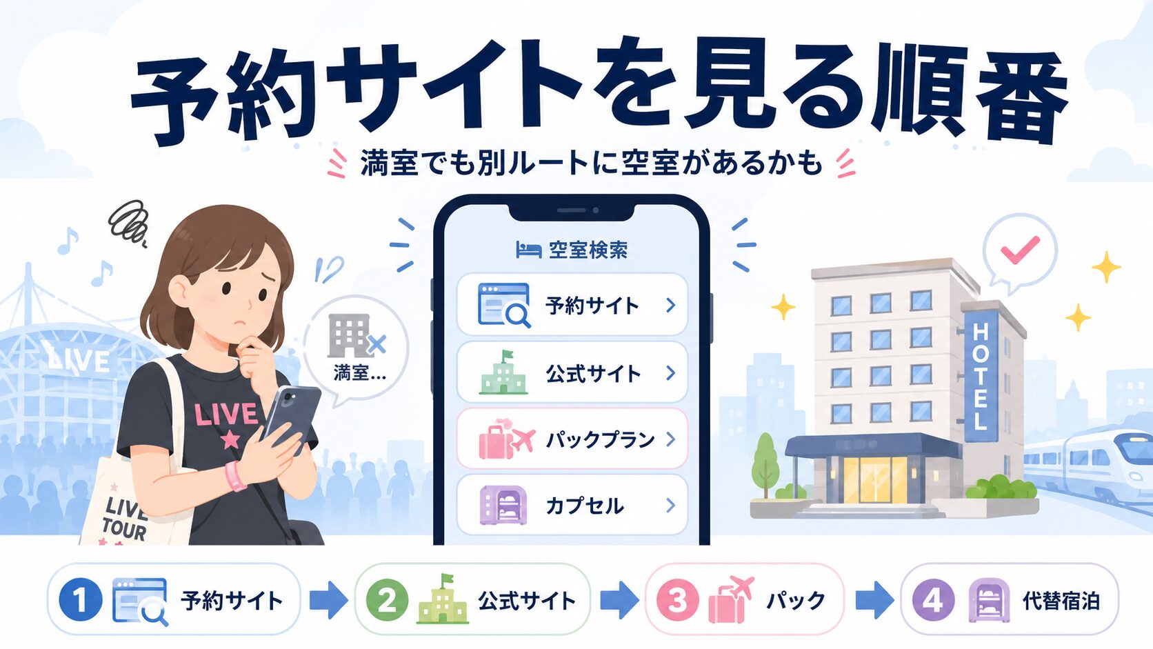 ライブでホテルが取れない時に見る予約サイトの順番を表すアイキャッチ画像