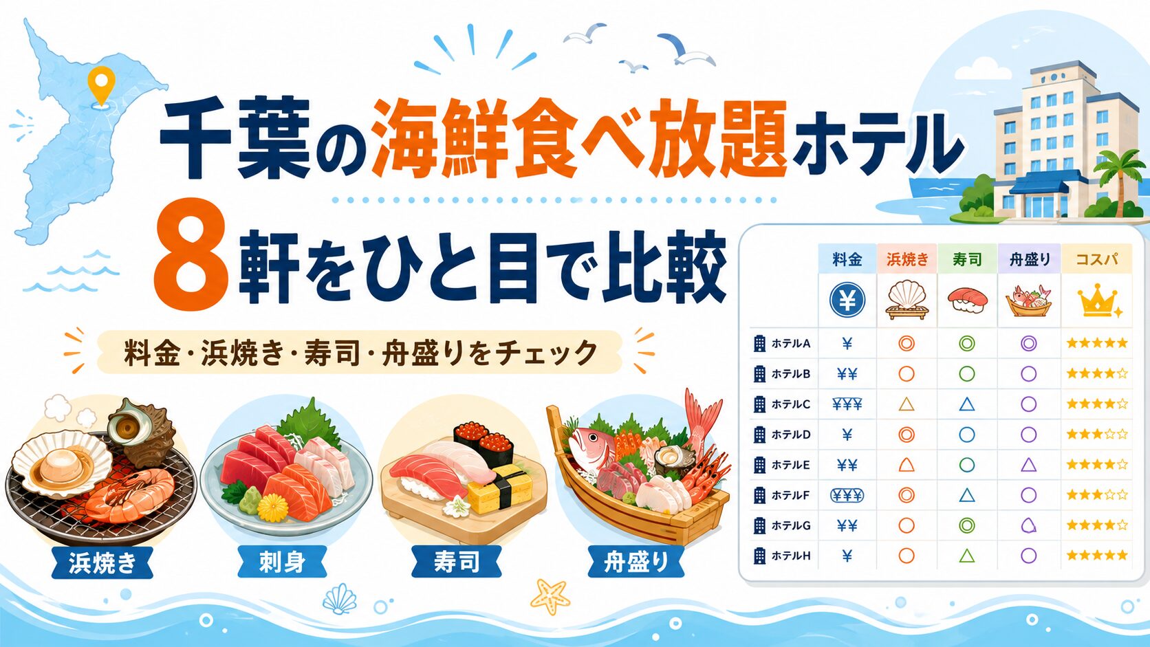 千葉の海鮮食べ放題ホテル8選を料金・浜焼き・寿司・舟盛りで比較する一覧画像