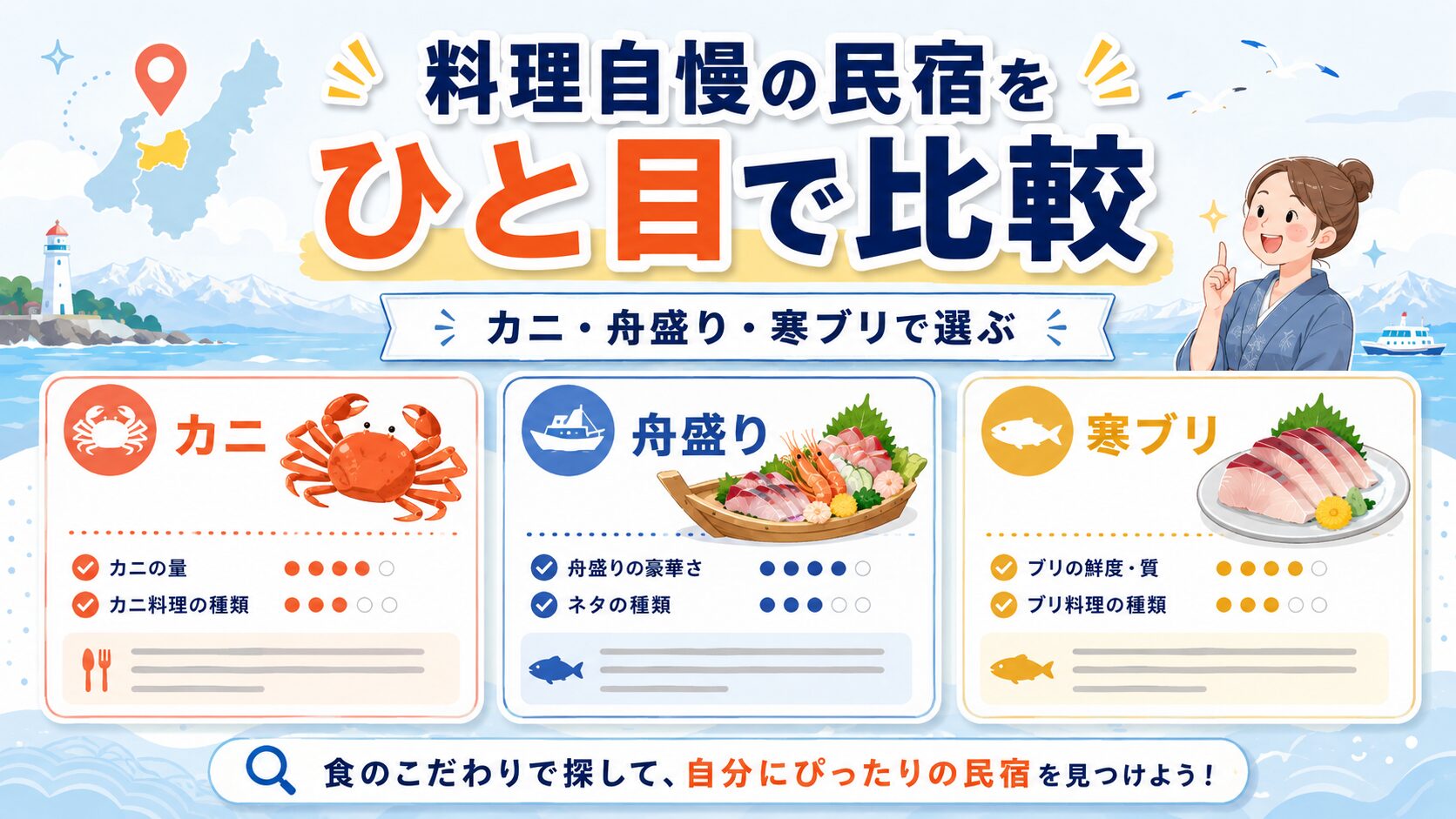 富山の食べきれないほど料理がすごい民宿を比較する図解