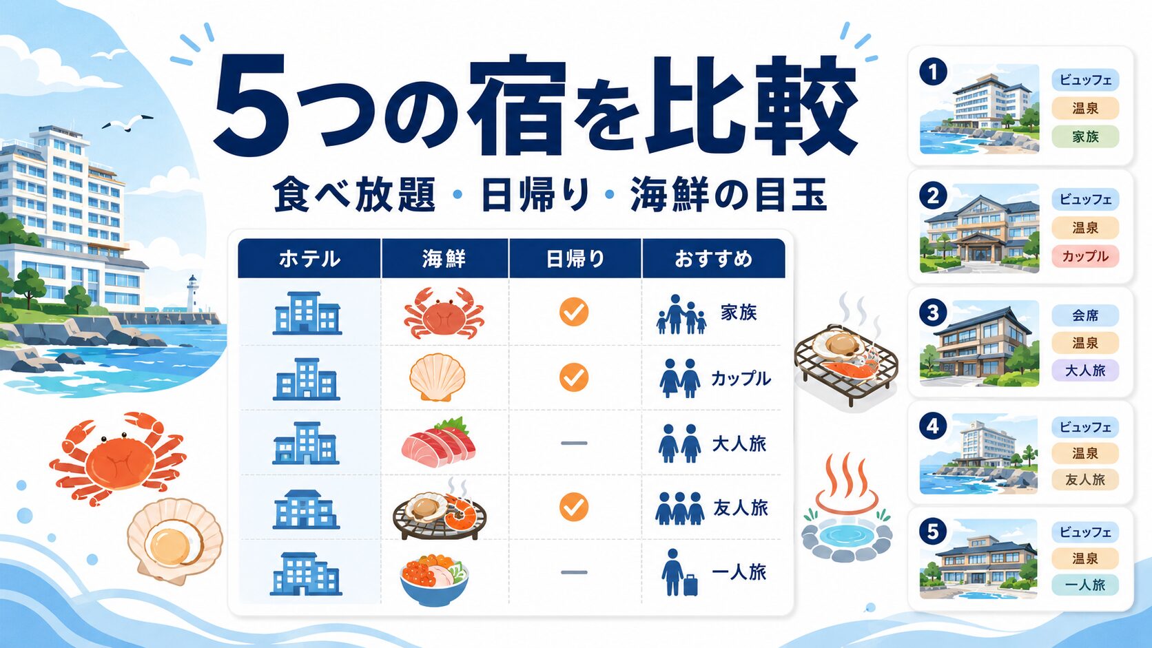 大洗の海鮮食べ放題ホテル5選を食べ放題タイプや日帰り可否で比較する図解