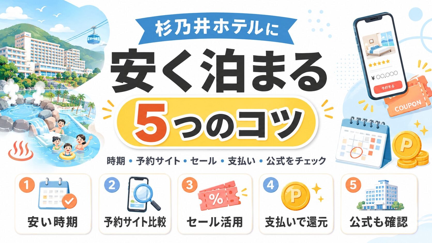 杉乃井ホテルに安く泊まる5つのコツを図解したアイキャッチ画像