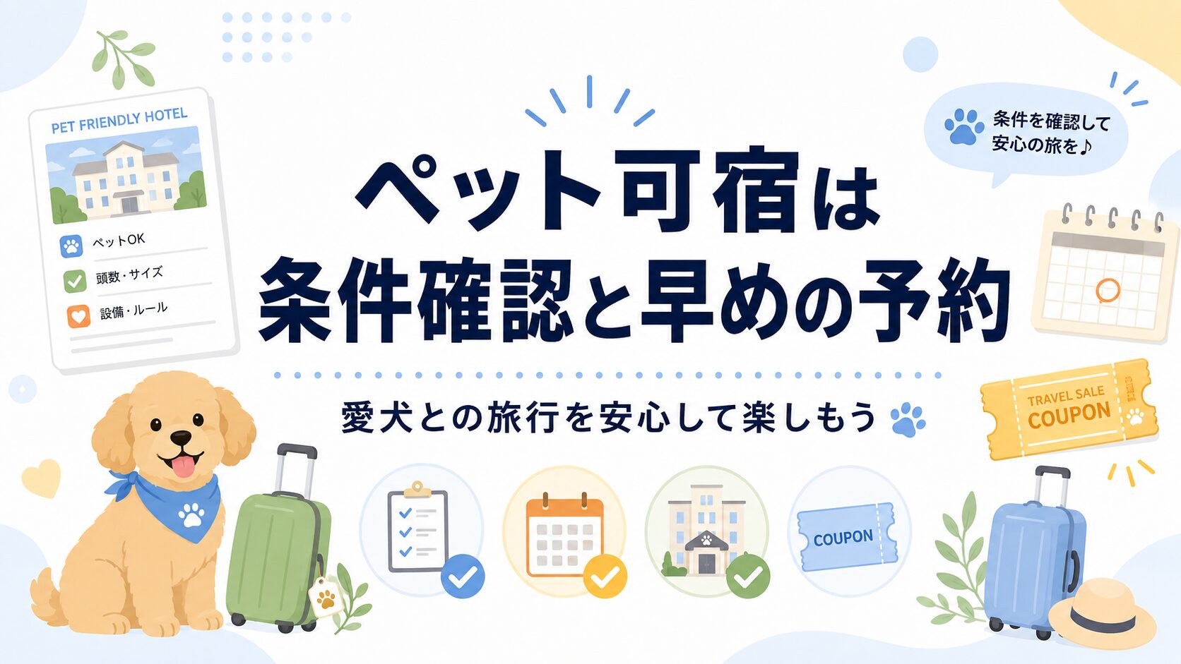 楽天トラベルスーパーセールのペット可宿は条件確認と早めの予約が大切と伝えるまとめ用アイキャッチ画像