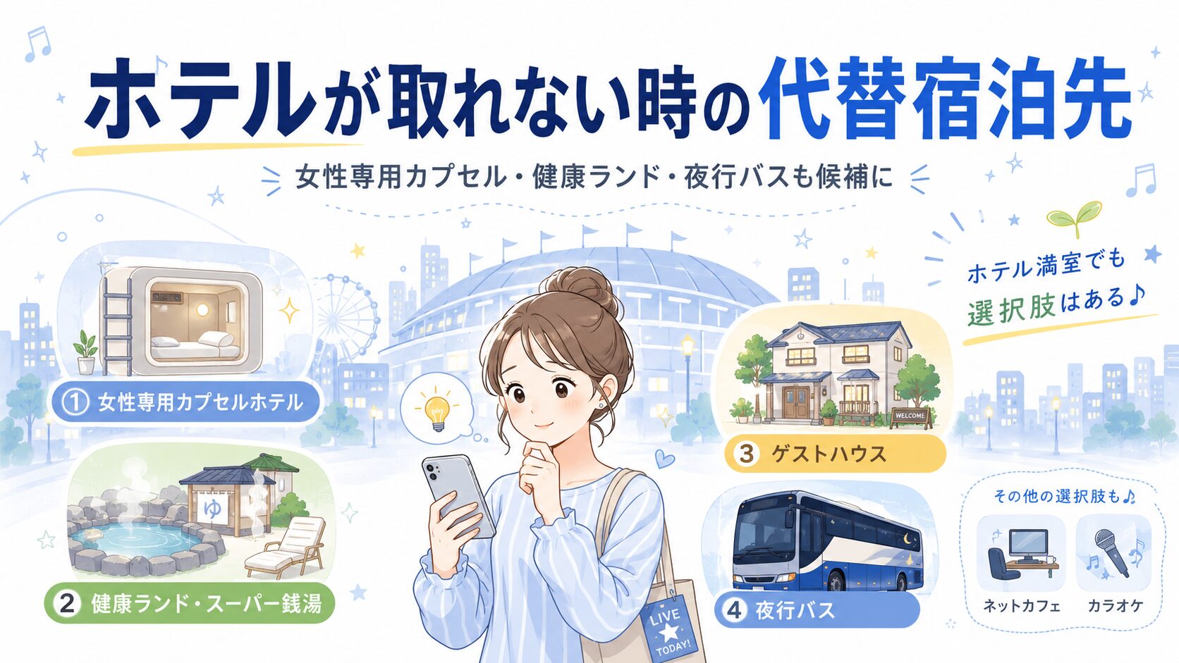 ライブ遠征でホテルが取れない時の代替宿泊先を表すアイキャッチ画像