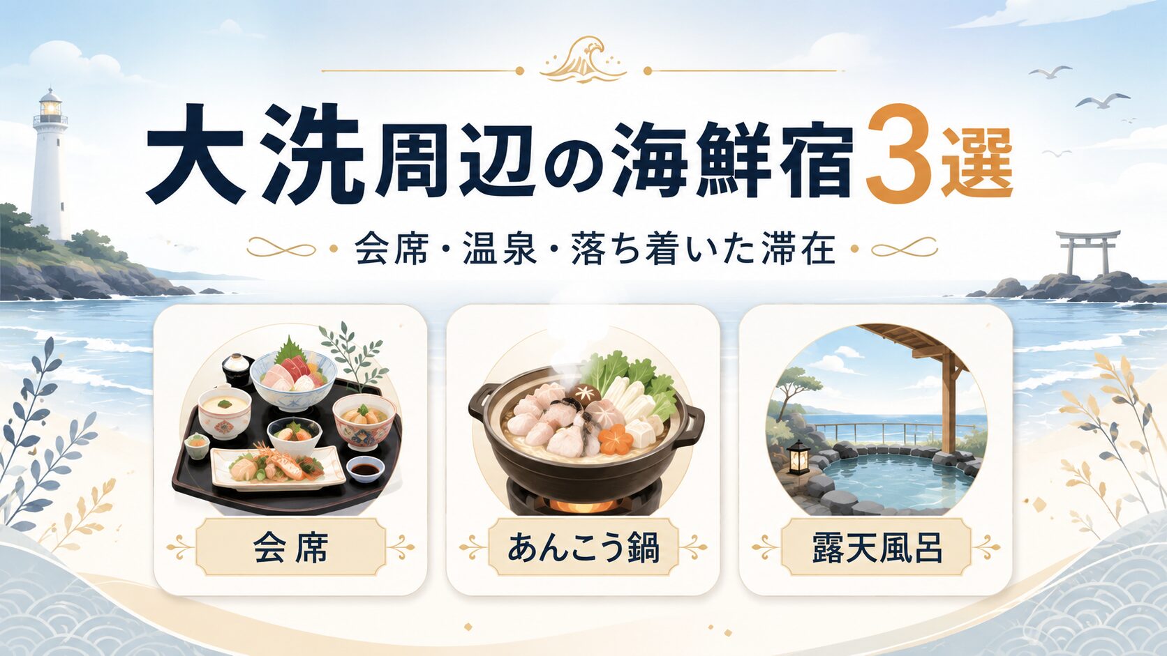 大洗周辺で海鮮会席や温泉が楽しめるホテル3選を紹介するアイキャッチ画像