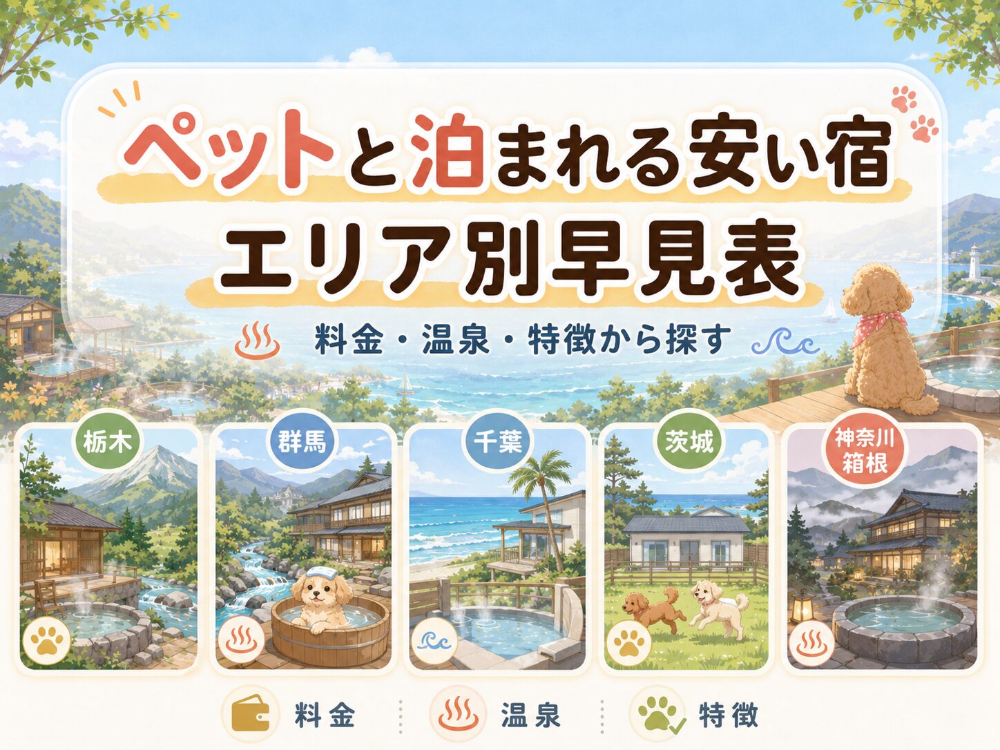 関東でペットと泊まれる露天風呂付き客室の安い宿をエリア別に比較した早見表の図解