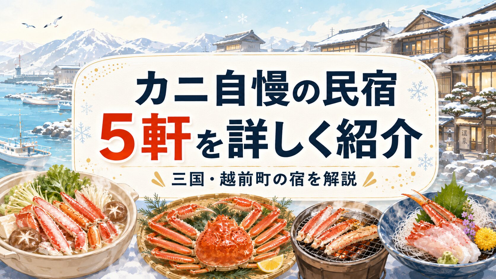 福井三国エリアと越前町のカニ自慢な民宿5軒を詳しく紹介する画像