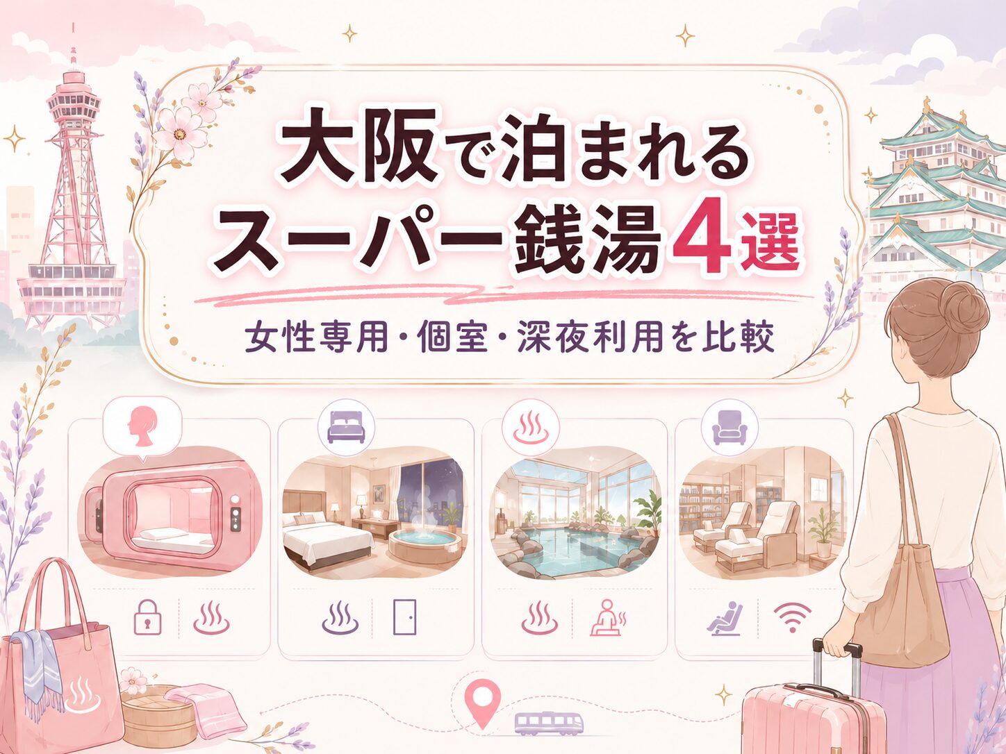 大阪で女性が宿泊できるスーパー銭湯4選を女性専用エリア・個室・深夜利用で比較した図解