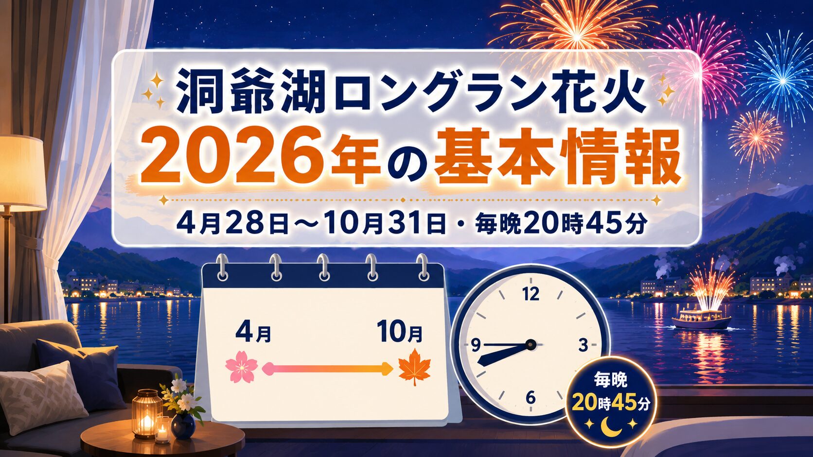洞爺湖ロングラン花火大会2026の開催期間と時間を示すイラスト