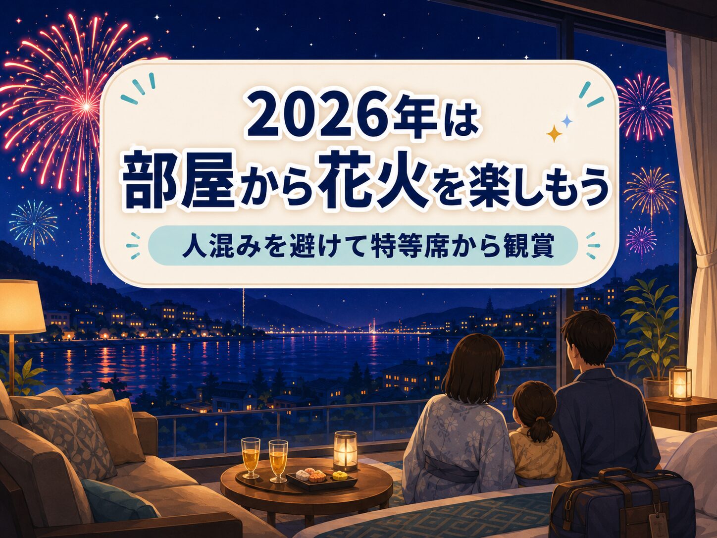 人混みを避けてホテルの部屋から花火を楽しむ家族旅行のイラスト